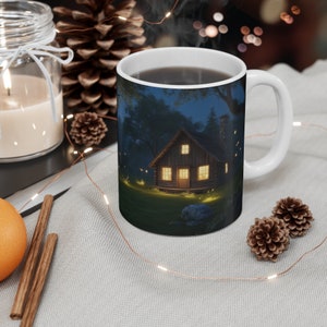 May include: White ceramic mug with a black and blue image of a cabin in the woods at night. The cabin has windows with warm yellow light shining from inside. The image is surrounded by a dark blue background with a few stars visible.