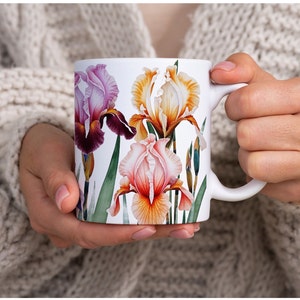 Verschillende kleuren irissen koffiemok, bloemenmok, tuinbloem, bloemdessin, irisbloem, cadeau voor tuinman,
