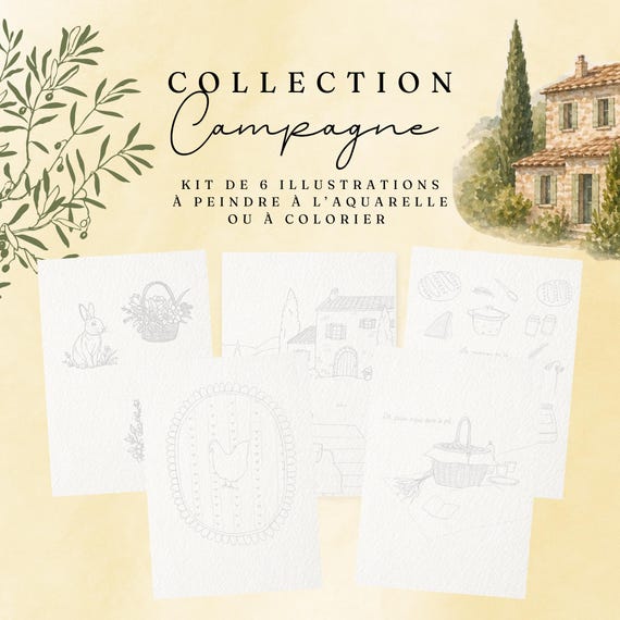 French Country Illustrations – 6 Watercolor Painting & Coloring Pages (A5, 300g Paper)