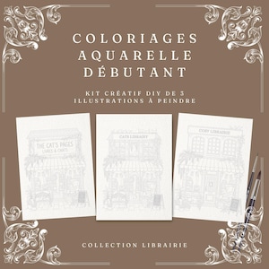 May include: A watercolor painting kit for beginners featuring three white sheets with line art illustrations of bookstores, including text reading THE CAT'S PAGES, CATS LIBRAIRY, and COSY LIBRAIRIE, accompanied by two thin black paintbrushes.