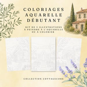 May include: A set of three white paper sheets featuring line art illustrations of cottages, with the text "COLORIAGES AQUARELLE DÉBUTANT", "KIT DE 3 ILLUSTRATIONS À PEINDRE À L'AQUARELLE OU À COLORIER", and "COLLECTION COTTAGECORE" printed on a light yellow background.