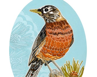 American Robin Painting. Egg shaped print. Flowers. Pine Tree. Decorative bird illustration. Print