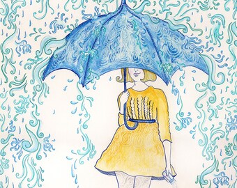 When it Rains. Women in yellow dress with umbrella in rain. Illustration. Morton Salt Girl.