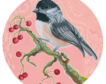 Chickadee with Berries painting. Archival 8x8 round print