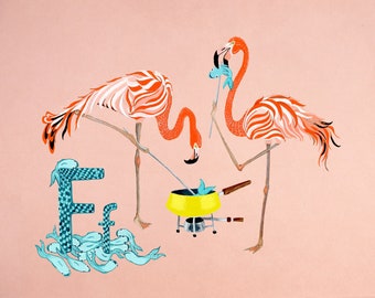 Flamingo's eten visfondue. Kinderen alfabet illustratie. Baby muur decor.  Archiefafdruk