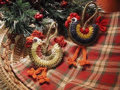 DOWNLOADABLE PDF PATTERN - Crocheted Rooster Ornaments