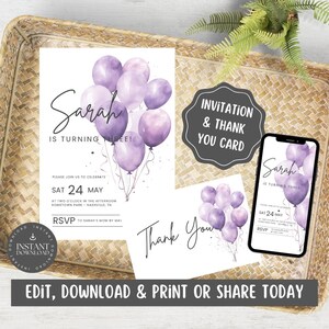 Paarse aquarelballonnen uitnodigings- en bedankkaartset / bundel voor kinderen, meisjes, tieners verjaardagsfeestje / bewerkbaar via canva - PUWB