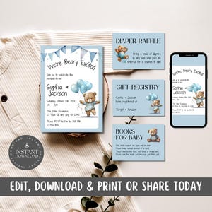 We're "Beary Excited" babyshoweruitnodiging met luierloterij, babyboeken en registerbijlagen, babyjongen, aanstaande ouders, hosting - WBE