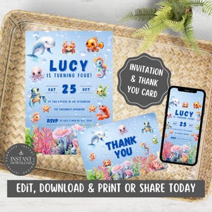 Onderwatervrienden uitnodigings- en bedankkaartbundel / set voor verjaardagsfeestje voor kinderen, tieners, digitale download aanpasbaar via canva - UBB
