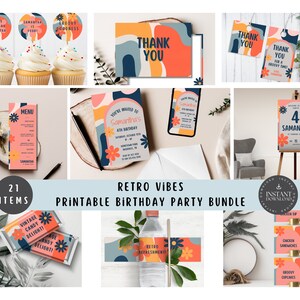 Retro verjaardagsfeestbundel voor kinderen, tieners, meisjes of jongens / Groovy ontwerpen met 21 items in totaal om aan te passen en af te drukken of te delen - RETRO