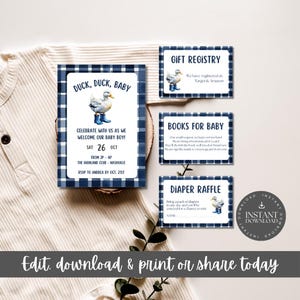 Donkerblauwe gingangruit, babyshowerset eend, inclusief print en deelbare uitnodigingsversies met luierloterij, babyboeken en registerkaarten