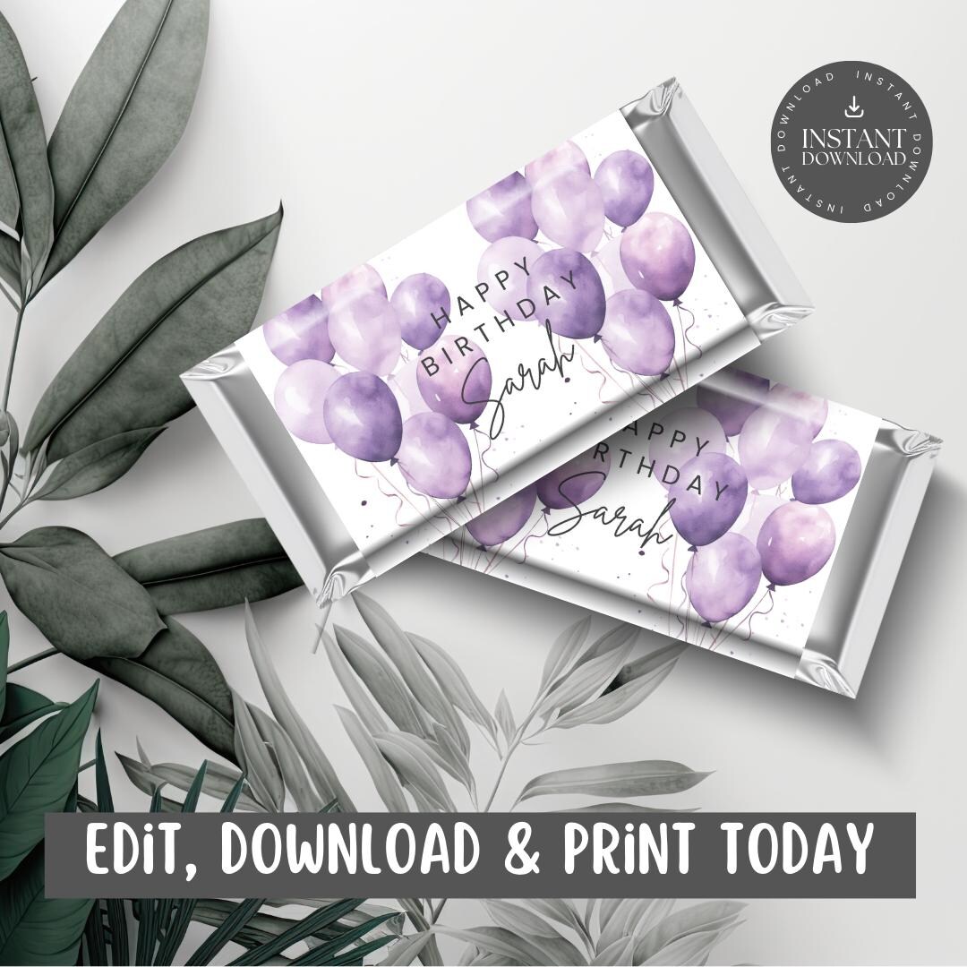 Purple Watercolor Balloons Candy / Chocolate Bar Wrapper / Label for ...