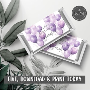 May include: Printable chocolate bar wrapper template featuring a watercolour design of purple balloons with the text "Happy Birthday Sarah".