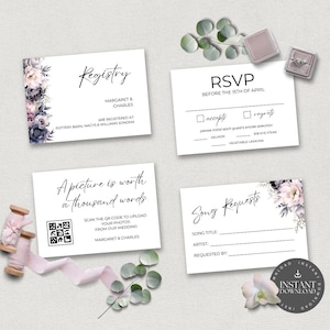Cartes d'insertion florales roses et violettes - 3,5 x 5" - RSVP, registre, demandes de chansons, image QR Code / Moody Flowers / téléchargement numérique PPFW
