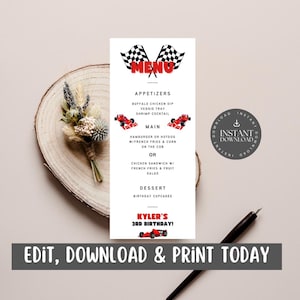 Rennauto Menükarte für Kinder Geburtstagsparty / Mädchen & Jungen / Personalisierbar via Canva - RENNEN