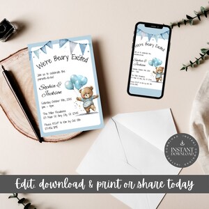 We're Beary Excited babyshoweruitnodiging, in verwachting van een jongen/zoon, ter ere van de toekomstige ouders, teddybeer, afdrukbare en deelbare versies - WBE