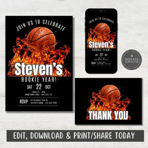 Basketbaluitnodiging voor rookie van het jaar (met deelbare evite) en bedankkaart / sport, mandje / digitale download / bewerken via canva - ROYBA