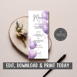Fioletowe balony akwarelowe Menu Karta dla dzieci, dziewcząt, nastolatków Urodziny lub inne specjalne wydarzenie, Dostosowywalne przez Canva - PUWB