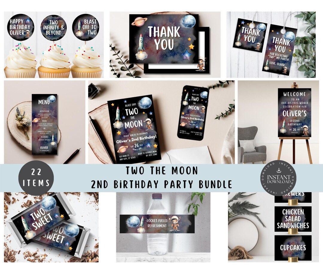 Two the Moon / Outer Space 2nd Birthday Party Bundle, 22 Items Included ...