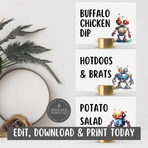 Cartões de Buffet de Robô / Placas de Comida para Festa de Aniversário de Crianças, Meninos e Adolescentes / 5x7" / 10 Cartões Incluídos / Personalize via Canva, - ROBO