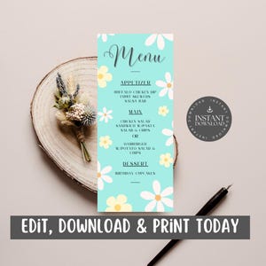 Cartão de menu para festa de aniversário de meninas com fundo azul-petróleo e flores brancas para crianças / Download digital / Personalizar via Canva - TBWF