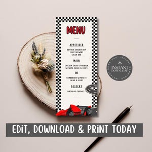 First Lap Around the Track - 1st Birthday Party Menu Card / Red Car ...