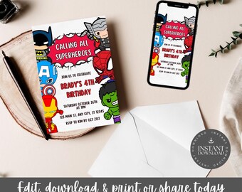 Invitación para fiesta de cumpleaños número 4 de niños con borde de superhéroe/Llamado a todos los superhéroes/Versiones para imprimir y compartir incluidas, personaliza a través de Canva - SBO2