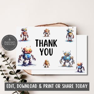 Bedankkaart met robotthema voor kinderen, jongens, tieners Verjaardagsfeestje / Dubbelzijdig, 5 x 7" / aanpasbaar via canvas - ROBO