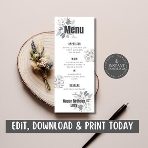 Cartão de menu Winter Florals para festa de aniversário infantil / evento infantil / comer juntos / imprimir em casa / download digital - WINF