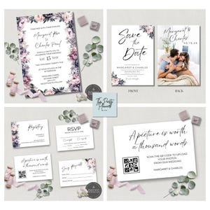 Conjunto de invitaciones de boda florales en rosa y morado con espacio para guardar la fecha (doble cara) y tarjetas insertables: un diseño atemporal para su día especial PPFW