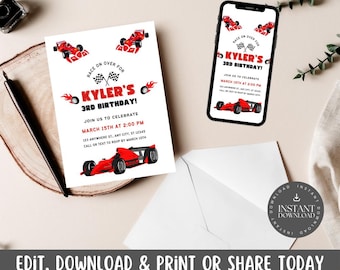 May include: Red and white race car themed birthday invitation with a red race car on the front. The invitation says "Race on over for Kyler's 3rd Birthday!" and includes the date and time of the party.