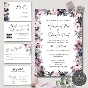 Ensemble de faire-part de mariage floral rose et violet - Comprend 4 cartes d'insertion - Registre, RSVP, téléchargement de photos avec code QR, demandes de chansons et invitation PPFW