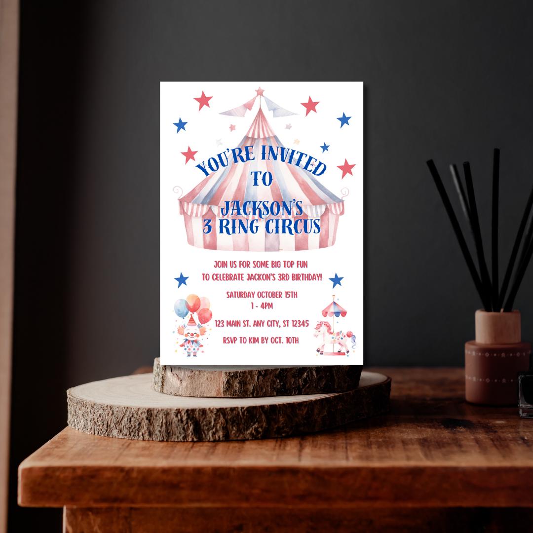 3 Ring Circus Kids Birthday Party Invitation, Three Year Old, Third ...
