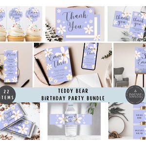 Paarse met witte bloemen bundel/set verjaardagsfeestje meisjes - uitnodiging (en uitnodiging), bedankkaart, welkomstbord, tags feestbedankjes, enz. - PBWF