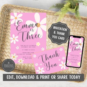 Uitnodiging verjaardagsfeestje meisjes en bedankkaart met roze achtergrond en witte bloemen / Digitale download / Aanpassen via canva - IBWF