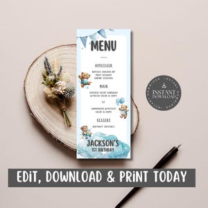 Menu de ursinho de pelúcia, comida/lista de refeições para crianças, festa de aniversário infantil, meninos e meninas/personalizar via Canva - TBB