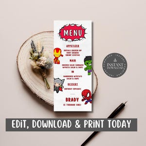 Menükarte mit Superhelden-Bordüre für Kindergeburtstag / Party für alle Superhelden / Anpassen über Canva - SBO2