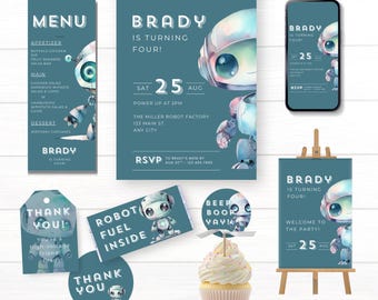 May include: A set of teal party supplies with a robot theme. The set includes an invitation, menu, thank you tags, stickers, and a welcome sign. The invitation says "Brady is turning four!" and includes the date.