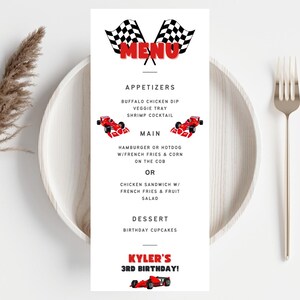Race Car Theme Menu Card for Kids or Teens Birthday Party / Digital ...