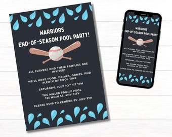 Może przedstawiać: Granatowe zaproszenie na imprezę przy basenie z napisem "Warriors End-of-Season Pool Party!" oraz grafiką baseballu i pałek. Zaproszenie zawiera szczegóły wydarzenia i jest również wyświetlane na smartfonie.