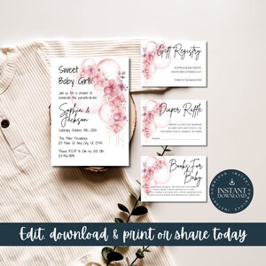 Palloncini rosa acquerello, dolce invito per la nascita di una bambina e 3 biglietti da inserire per la futura mamma/mamma, versioni stampabili e condivisibili incluse