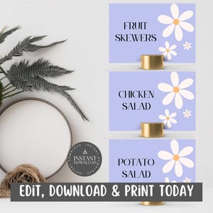 Cartões de buffet para festa de aniversário de meninas / Placas de comida com fundo roxo e flores brancas / Download digital / Personalizar via Canva - PBWF