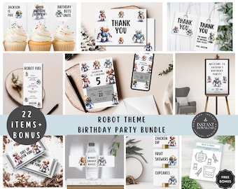 May include: A printable party bundle featuring a robot theme. The bundle includes 22 items, such as invitations, thank you cards, cupcake toppers, food labels, and a build-a-robot activity sheet. The bundle is available for instant download.