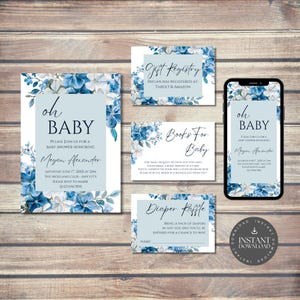 Pacchetto Baby Shower a tema Oh Baby - Invito 5x7", invito elettronico e biglietti d'invito 3,5x5" / con fiori blu e bianchi / In attesa di un maschietto o di un maschietto / - BWF1