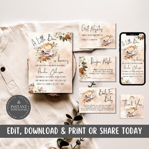 May include: A printable set of baby shower invitations with a coffee cup and floral design. The invitation includes a gift registry, diaper raffle, books for baby, and thank you tags. The text on the invitation reads "A Little Bean is brewing. Join us for a shower honoring Amelia Johnson. Saturday, October 26th at 1pm. The Highland Club, Any City, St. RSVP to Amelia by Oct 26th."