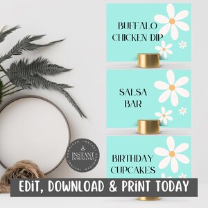 Cartões de buffet para festa de aniversário de meninas / Placas de comida com fundo azul-petróleo e flores brancas / Download digital / Personalizar via Canva - TBWF