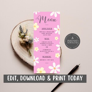 Cartão de menu para festa de aniversário de meninas com fundo rosa e flores brancas para crianças / Download digital / Personalizar via Canva - IBWF