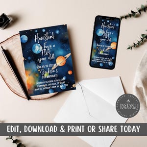 Houston ! Nous avons une carte d'invitation de 5 ans / cinquième anniversaire pour enfants, garçons, filles / Espace extra-atmosphérique, planètes / Versions imprimée et Evite - HOUS