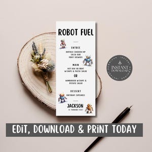 Menu de festa de aniversário infantil robô / lista de alimentos, aniversário infantil / masculino, personalizar via Canva, - ROBO