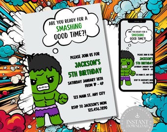 Invitación para fiesta de cumpleaños de niños y set digital de Evite / Hulk / Cómic, superhéroe / Personalizar a través de Canva - SMASH